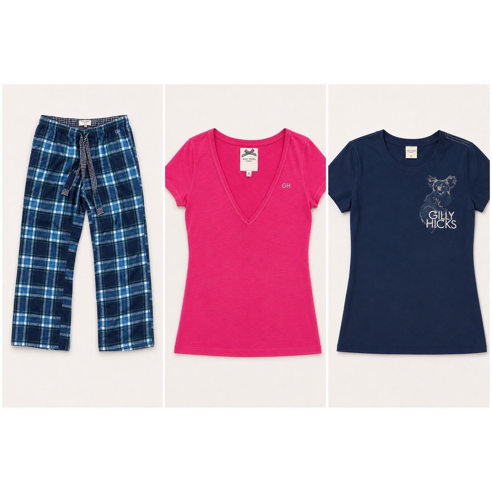 Gilly Hicks Sydney 3 Pc Bundle-Plaid Lounge Pant, Pink VNeck T NWT, Koala T SZ M